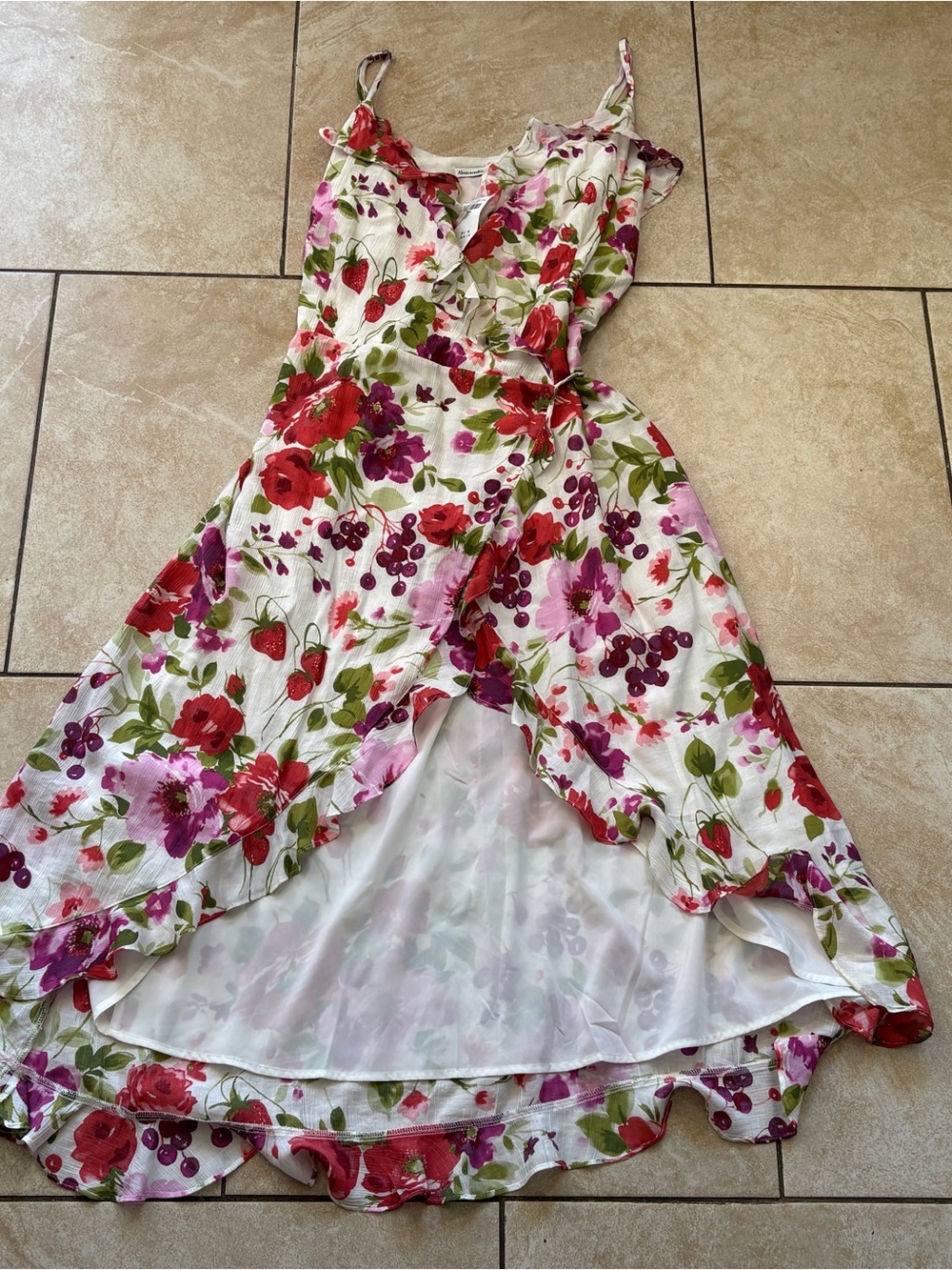 Abercrombie & Fitch White Floral Wrap Midi Dress with Red & Purple Blooms